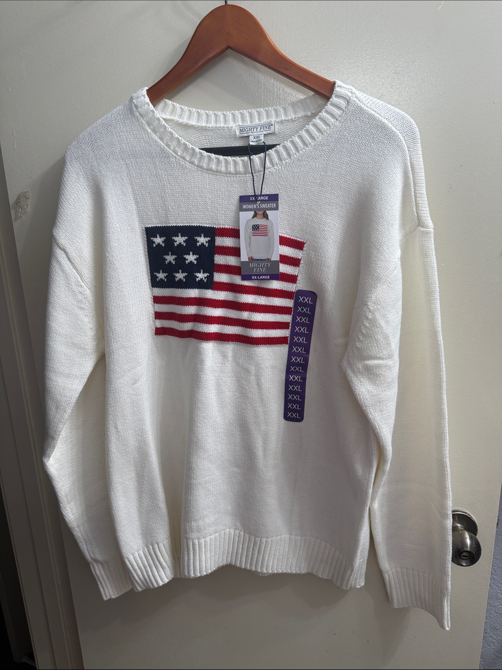 Mighty Fine White Crewneck Sweater With American Flag Patch